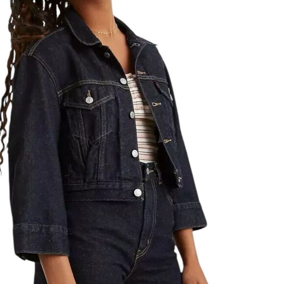 Levis Premium Jacket WMNS S Blue Denim Trucker Relaxed Cropped Jean Flap Pockets - Picture 5 of 13